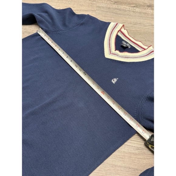 Nautica Mens XL V-Neck Sweater Navy Blue Striped Trim Cricket Style Knit XL - Picture 5 of 6